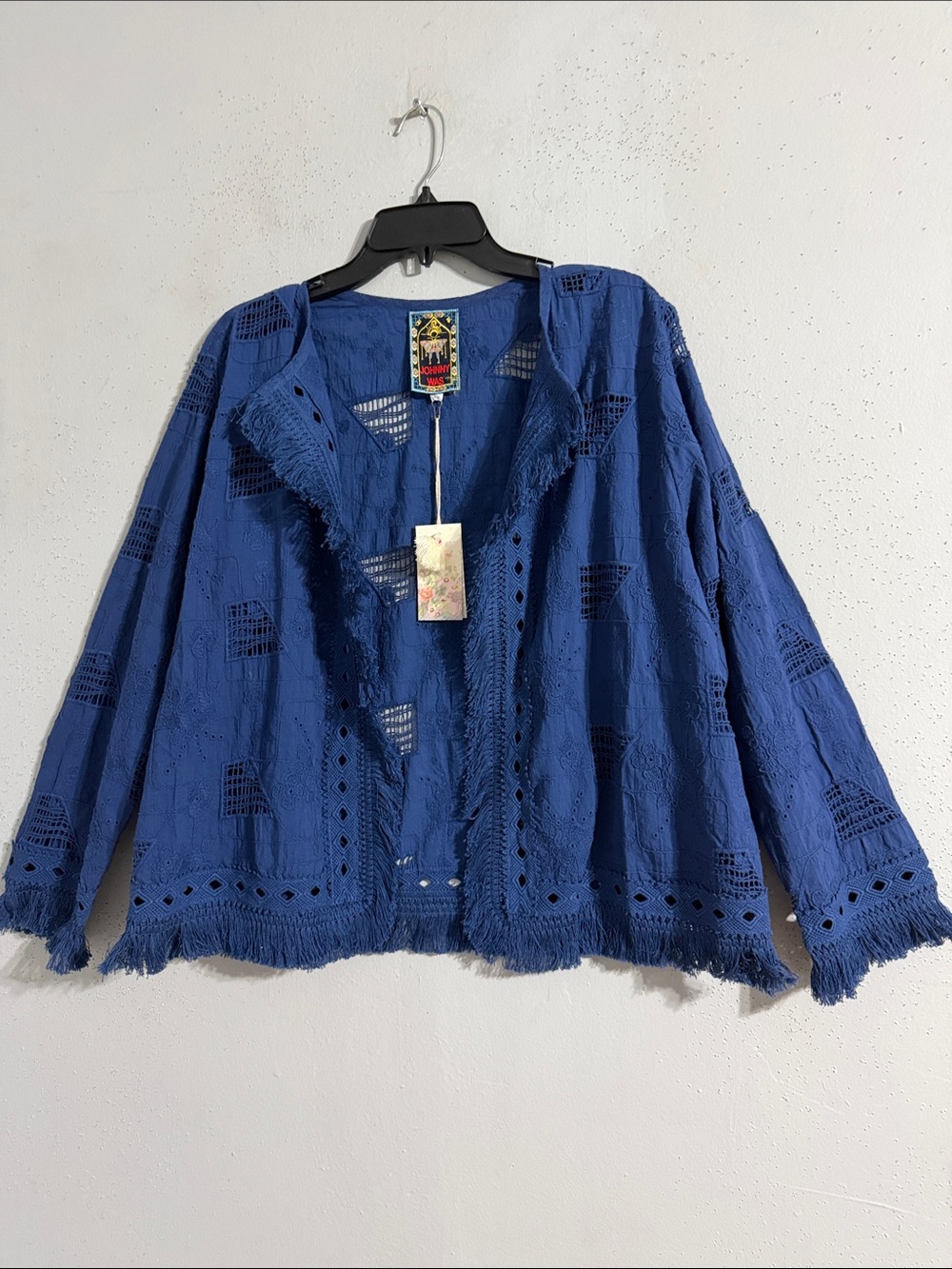 NWT Johnny Was Blue Open-Front Fringe Eyelet Jacket